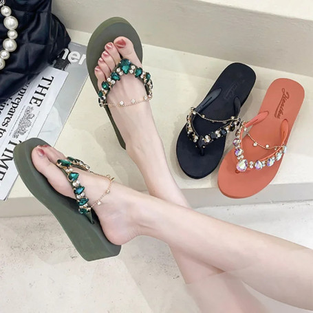 Summer 2025 Rhinestone Slippers for Women's Outdoor Wedges Heel Casual Beach Thick Bottom Sandals Comfortable Flip-flops Beach