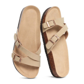 Asgard Summer Women's Sandals Outdoor Slip On Slides Cork Insole Sandals With Adjustable Double Buckle Lady Casual Beach Slipper