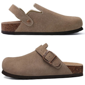 Shevalues Women Cow Suede Clogs With Adjustable Buckle Cork Leather Mules Comfortable Slip on Women Slippers Outdoor Cork Clogs