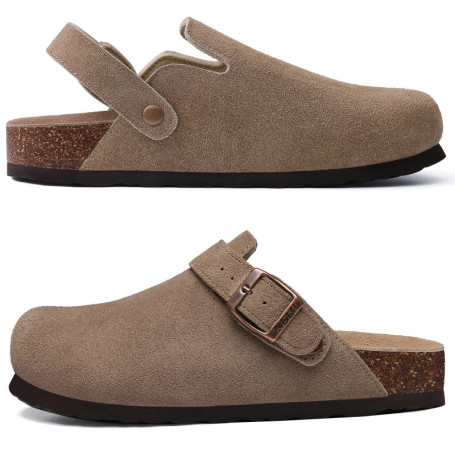 Shevalues Women Cow Suede Clogs With Adjustable Buckle Cork Leather Mules Comfortable Slip on Women Slippers Outdoor Cork Clogs