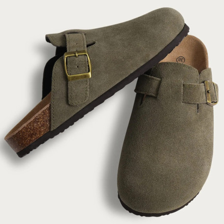 Evshine Cow Suede Cork Slippers Women Fashion Clogs Mules Footbed Cork Mules Men Baotou Slippers Summer Cork Sandals Comfy Mules