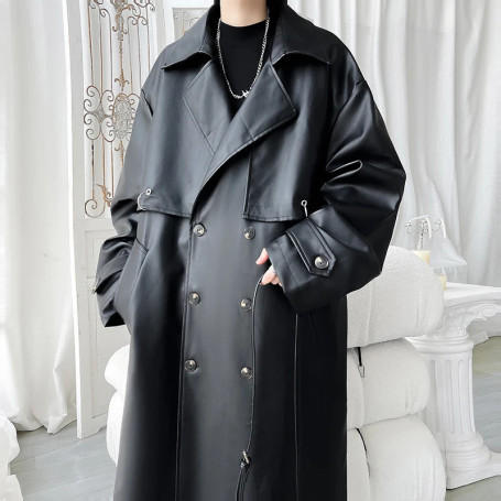 Autumn Men Long Black Pu Leather Jacket Men Oversized Cool Trench Coat Men Windbreaker Streetwear Double Breasted Luxury Clothes