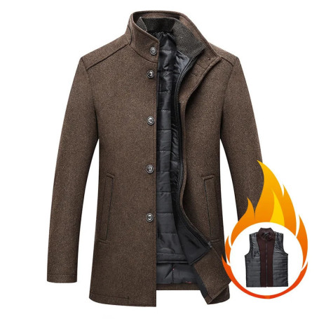 Winter Men's Wool Coat Solid Stand Collar Wool Overcoat Removable Liner Thicken Outerwear Men's Clothing Father Coats