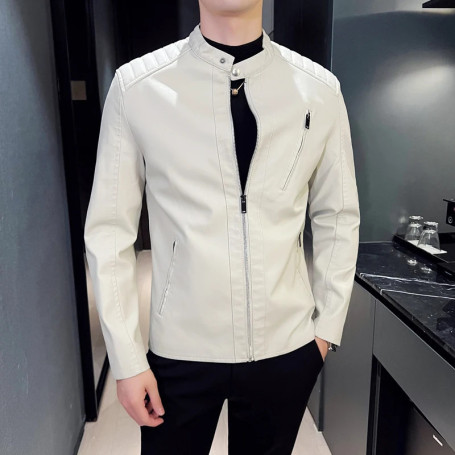 Classic Stand Collar White Leather Jackets Men Korean Designer Motorcycle PU Leather Coat Man Vintage Slim Fit Moto Biker Jacket