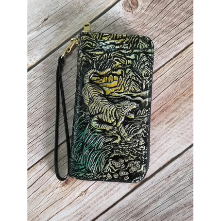 RFID blocking genuine leather men wallet long zipper 3D tiger printed luxury card holder wallet purse