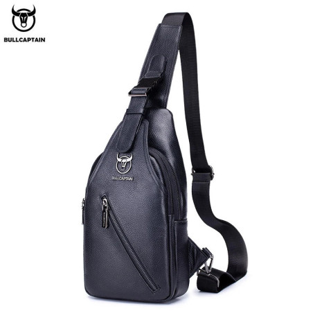 BULLCAPTAIN Men's Leather Chest Bag Multi-Function Travel Storage Bag Men's Messenger Bag Hardware Zipper Leather Bag