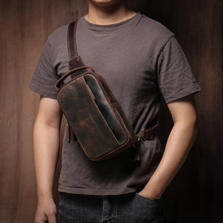 GURO Men's Higher Quality Chest Pack Vintage Genuine Leather Travel Sling Bag Male Luxury satchel Crazy Horse Cowhide Crossbody
