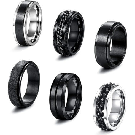 Bobisty 6Pcs Black Spinner Rings for Men Women Stainless Steel Fidget Anxiety Stress Relieving Ring Set Wedding Rings Size7-13