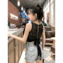 Sexy Lace Tank Top Bow Tied Crop Top Women Backless Hollow Out Sleeveless Shirt Korean Fashion 2024 New