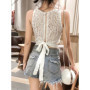 Sexy Lace Tank Top Bow Tied Crop Top Women Backless Hollow Out Sleeveless Shirt Korean Fashion 2024 New