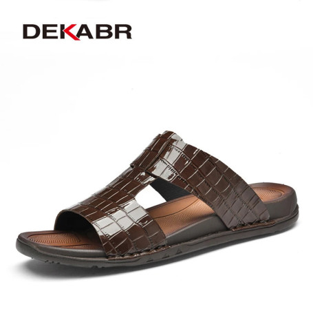 DEKABR Men's Slippers Summer Cow Leather Quality Embossed Plaid Crocodile Pattern Non-Slip Casual Classical Sandals