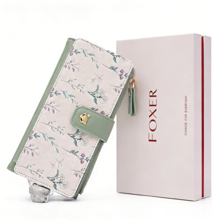 FOXER Elegant Women's Long Wallet, PU Floral Printed Purse with Snap Closure, Large Capacity Card Holder with Zipper Coin Wallet